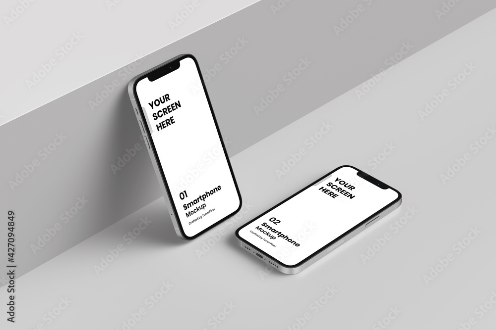 Wall mural smartphone mockup | fully editable file, replaceable screen, separated shadow and background