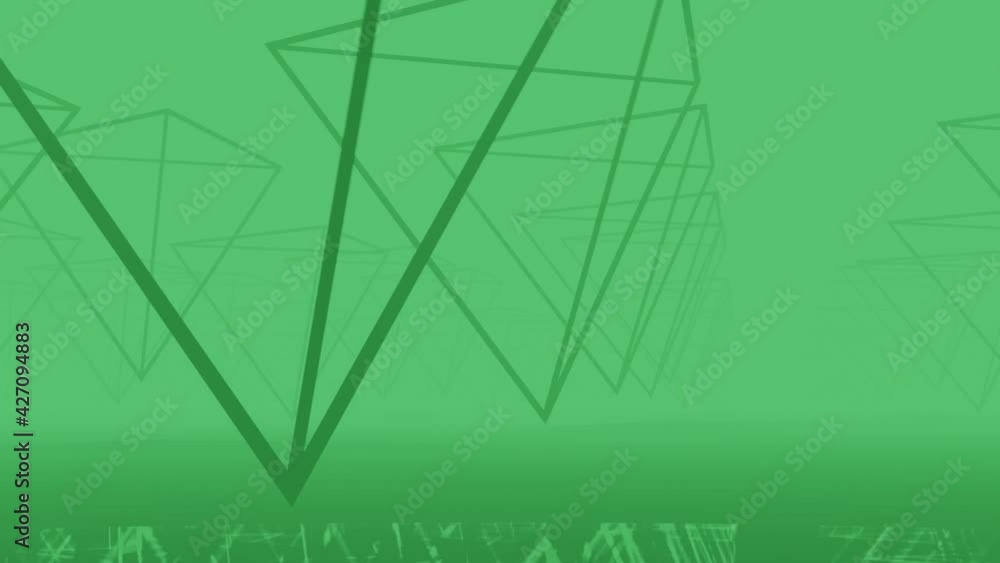 Poster inverted pyramids revolve over a mirrored surface. minimal motion graphic animated landscape in gree