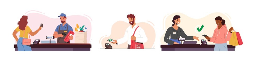 Fototapeta premium Set of Customer Characters Online Noncontact Payment. Buyers Hold Credit Cards and Gadgets. People with Purchases