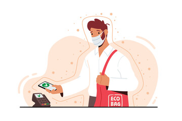 NFC Technology Concept. Man in Facial Mask Use Smartphone for Wireless Paying on Cashier Desk. Buyer Use Pos Terminal