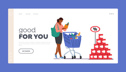 oman Visiting Store for Products Purchase Landing Page Template. Customer Character in Grocery or Supermarket with Goods