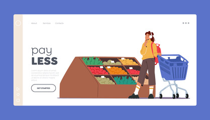 Customer Buying Food in Supermarket Landing Page Template. Girl Character Visiting Grocery Store Making Purchase