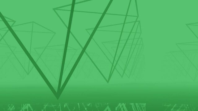 Inverted pyramids revolve over a mirrored surface. Minimal motion graphic animated landscape in green colors
