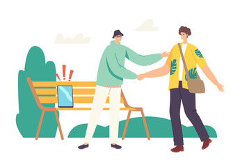 Character Lost Tablet or Smartphone on Bench in Park while Meeting his Friend. Absent-minded Man Lose Digital Device