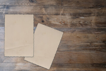 empty mock up background of old wood, set of vintage photos with blank, back side of the photo,...