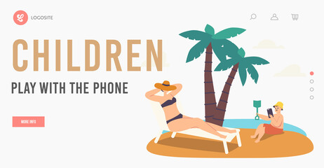 Female Character Lost Phone Landing Page Template. Woman Tanning on Chaise Longue while Child Playing with Smartphone