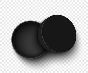 Black round open box with cover on transparent background. Vector illustration.