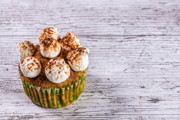 Tiramisu cupcake. Pastry and home cooking concept. Horizontal photo and selective focus