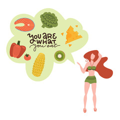 Young athletic girl in swimsuit holding healthy food in her mind. The concept of healthy eating. Cartoon flat vector design illustrations with lettering text - You are what you eat.