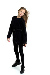 Stylish teenage girl with long hair flying on air