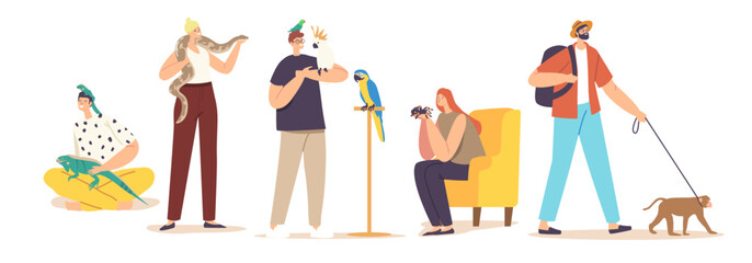 Male or Female Characters with Exotic Pets Lizard, Snake, Monkey and Spider with Parrot. People Care of Tropical Animals