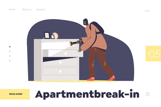 Robbery and apartment break-in concept of landing page with housebreaker steal jewelry from drawer
