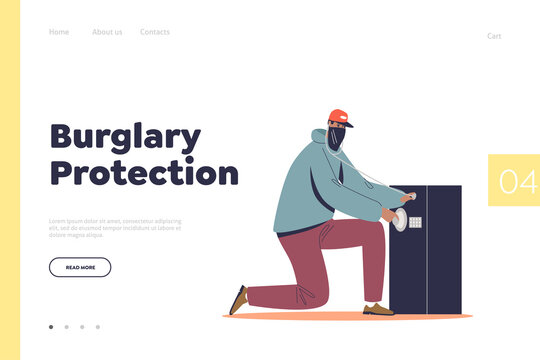 Burglary protection concept of landing page with cartoon robber in mask trying to open big safe