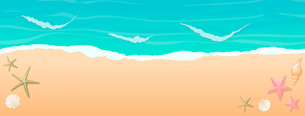 Vector cartoon horizontal background with gradient. Top view of the sunny beach by the sea or ocean. Sunny landscape. Shells of different shapes and starfish on the sand. Holidays decoration