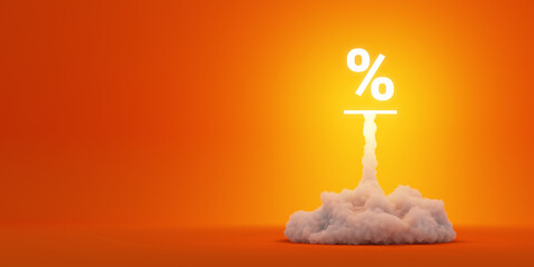 Percentage symbol rocket launch and explosion, business and technology concepts, original 3d rendering