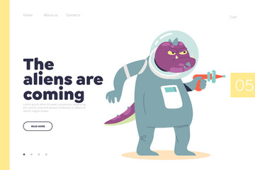 Aliens coming concept of landing page with space monster. Funny galactic character from planet