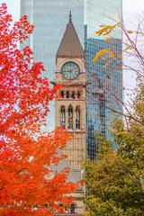 Historic clock tower with autumn red orange tree foliage