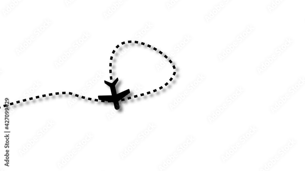 Poster video animation with white plane flying and leaving a trail behind. the plane makes a loop on white 