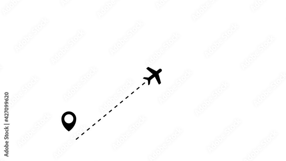 Poster video animation with white plane flying and leaving a trail behind. the plane makes a loop on white 
