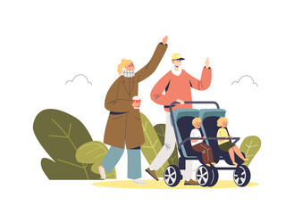 Young couple walking outdoors push pram with toddler twins. Parents with kids in stroller in park