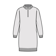 Zip-up dress Sweater technical fashion illustration with rib henley neck, classic collar, long sleeves, oversized, hip length, trim. Flat apparel front, grey color style. Women, men unisex CAD mockup