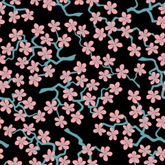 Seamless pattern with blossoming Japanese cherry sakura branches for fabric,packaging,wallpaper,textile decor,design, invitations,cards,print,gift wrap,manufacturing.Pink flowers on black background