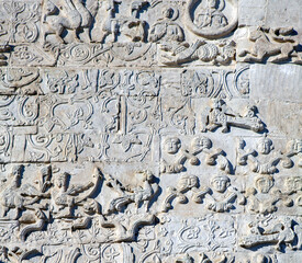 Ancient stone patterns, reliefs on the walls of St. George's Cathedral. Yuryev-Polsky. Vladimir region. Russia