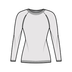 Crew neck Sweater technical fashion illustration with raglan long sleeves, slim fit, hip length, knit rib trim. Flat jumper apparel front, grey color style. Women, men unisex CAD mockup