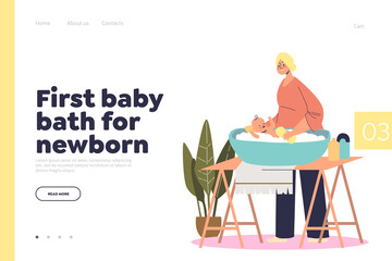Baby bath for newborn concept of landing page with mother washing baby in little bathtub