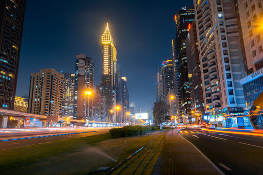 Dubai, United Arab Emirates - March 31, 2021: Downtown Dubai modern skyline above Sheikh Zayed road in the UAE