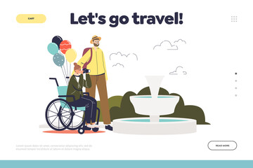 Travel for disabled people concept of landing page with traveler woman on wheelchair make photo