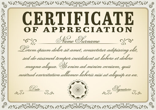 A4 size retro style certificate decoration graphic to use for diplomas, cards, invitations, postcards and graduation certificate. Old letter vector illustration with stamp and vintage style frame.