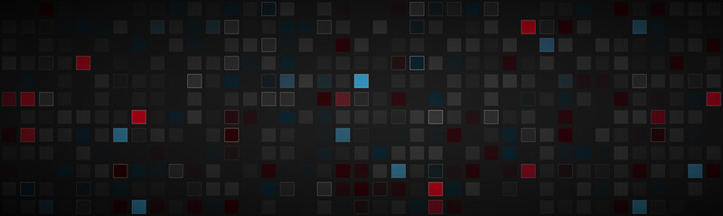 Black abstract header with different transparent squares. Red, blue and grey mosaic look banner. Modern vector illustration background