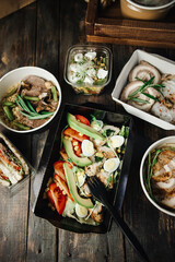 different food from delivery. catering food, takeaway. food for the company in disposable dishes