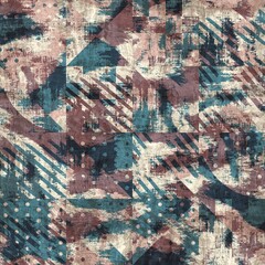 Seamless blue pink cream and navy surface pattern. High quality illustration. Overlaid and multiplied distressed and grungy worn abstract design for print. Detailed artistic repeat tile swatch.