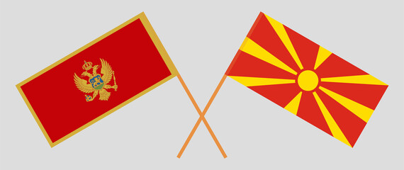 Crossed flags of Montenegro and North Macedonia. Official colors. Correct proportion