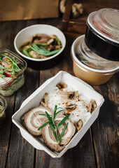 different food from delivery. catering food, takeaway. food for the company in disposable dishes