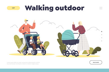 Walking outdoors with kid in pram landing page with people push carriages with little children
