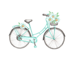 Fototapeta na wymiar Watercolor illustration in provence style. Bicycle with a basket. Chamomile flowers. Illustration is isolated. In turquoise, gray and yellow colors. For printing on postcards, stickers, notebooks
