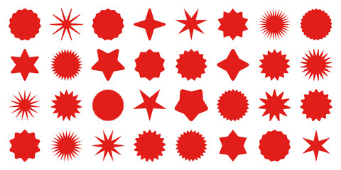 Retro stars, sunburst symbols. Vintage sunbeam icons. Red shopping labels, sale or discount sticker, quality mark. Special offer price tag, promotional badge. Vector illustration.