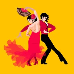 Beautiful young Spaniards in traditional costumes dancing flamenco isolated on a yellow background. Concert poster, festival, competition, party, wedding invitation.