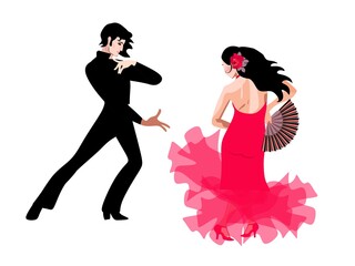 A young man in a black suit and a girl in a long red dress, with a rose in her hair and with a fan in her hand, dance flamenco isolated on a white background. Spanish, gypsy motives.