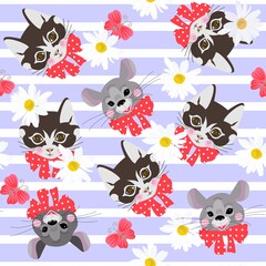 Seamless pattern with funny animals faces. Cute cartoon cats and mouses with red bows and chamomile flowers on striped background.