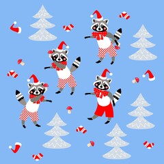 Endless christmas pattern with funny little raccoons and pines trees isolated on blue background in vector. Print for fabric, pillow for baby.