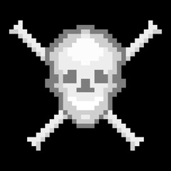 Skull crossbones pixel icon. Grinning dead head pirate symbol black flag scary ghost of impending death vector thugs symbol.