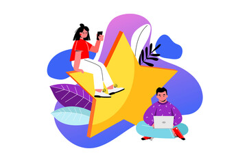 Feedback from users and customers about the company's services. A group of people hold five stars in their hands, leaving user feedback. Customers evaluate the product or service. Flat vector.