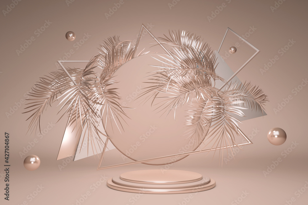 Poster 3d rendering podium background. abstract gold palm leaves. minimal geometric shape. mock up backgrou