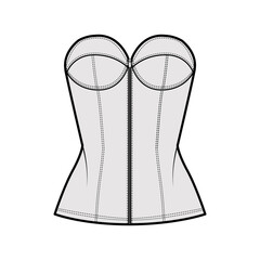 Denim corset top bustier technical fashion illustration with basque, strapless, zip-up closure, cups, fitted body. Flat apparel template front, grey color style. Women, men, unisex CAD mockup