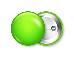 Realistic green blank badge isolated on white background. Glossy 3D round button. Pin badge, brooch mockup for product promotion and advertising. Vector illustration.