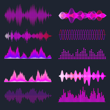 Colorful sound waves collection. Analog and digital audio signal. Music equalizer. Interference voice recording. High frequency radio wave. Vector illustration.